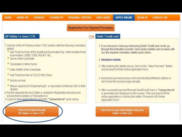 Payment Mode: AP Online / e-Seva / Citizen Service Centers