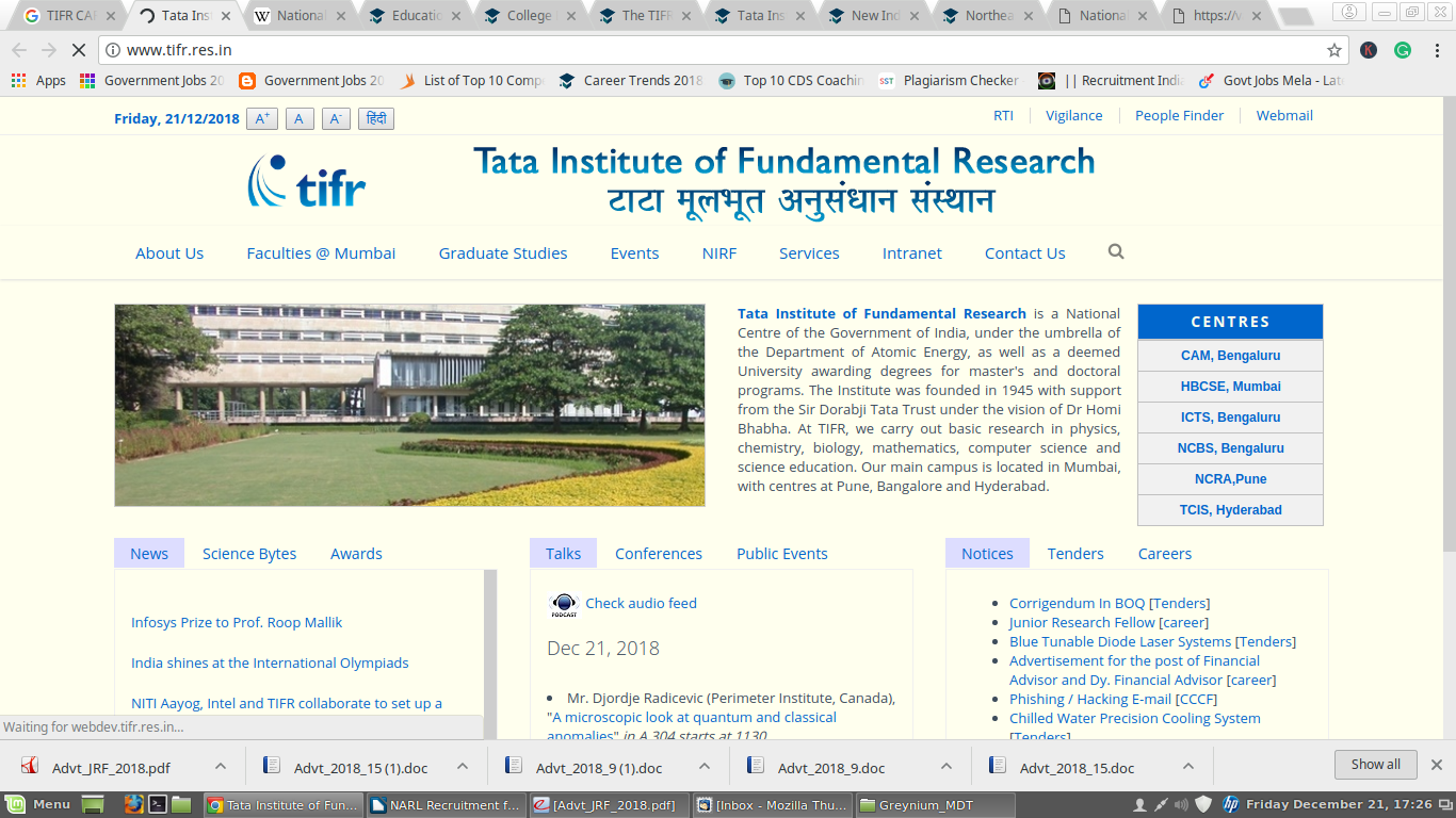 TIFR Recruitment For Multiple Positions TIFR Recruitment For Multiple Positions