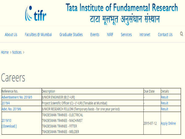 TIFR Recruitment 2019: Tradesman Trainee TIFR Recruitment 2019: Tradesman Trainee